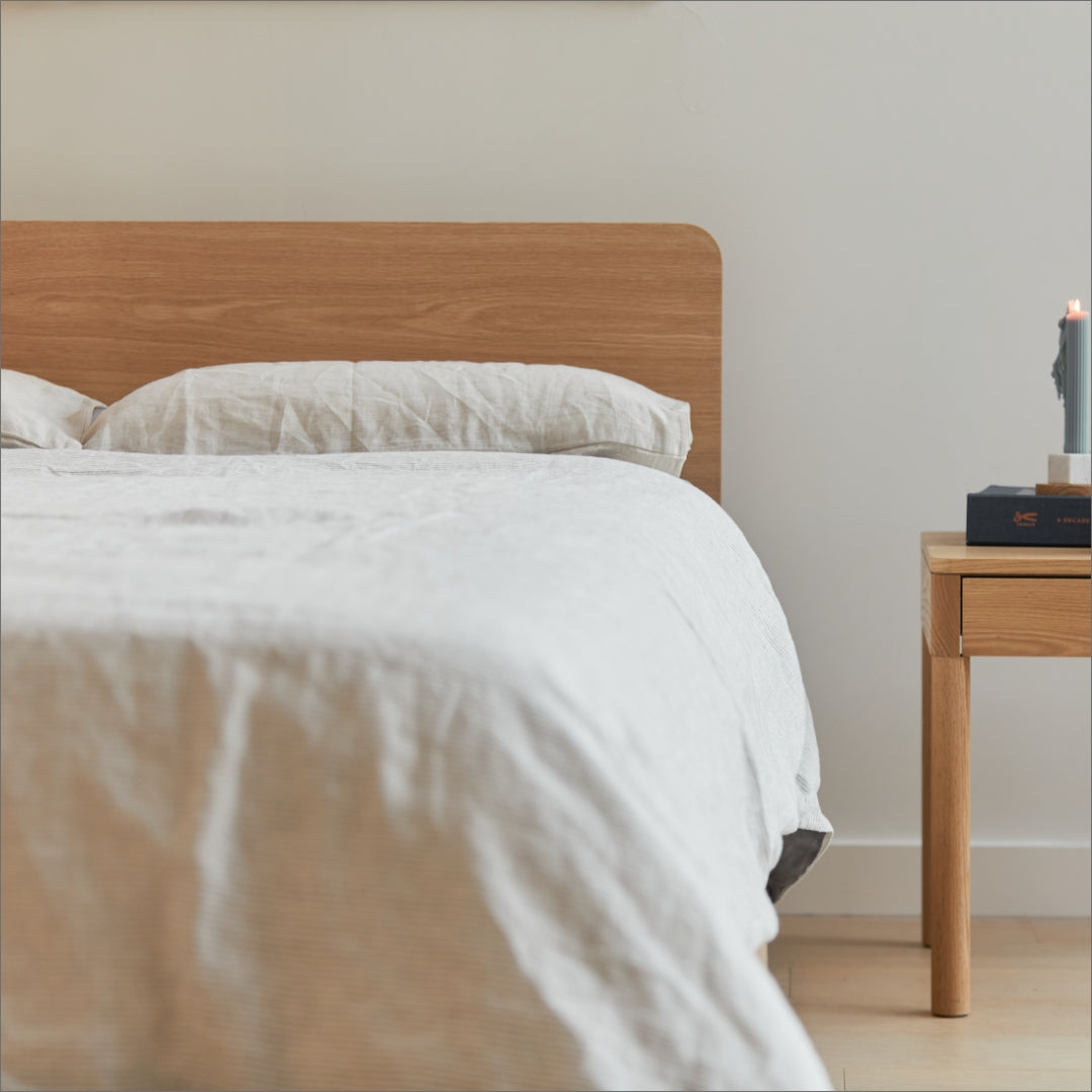 Timber Bed Frame, Eva Mattress Plus and White Hemp Linen | {"option1":["Premium Adapt Mattress"]}